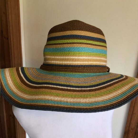 CYNTHIA ROWLEY Striped Straw Floppy Sun Hat Blue Brown Green One Size - Picture 4 of 16